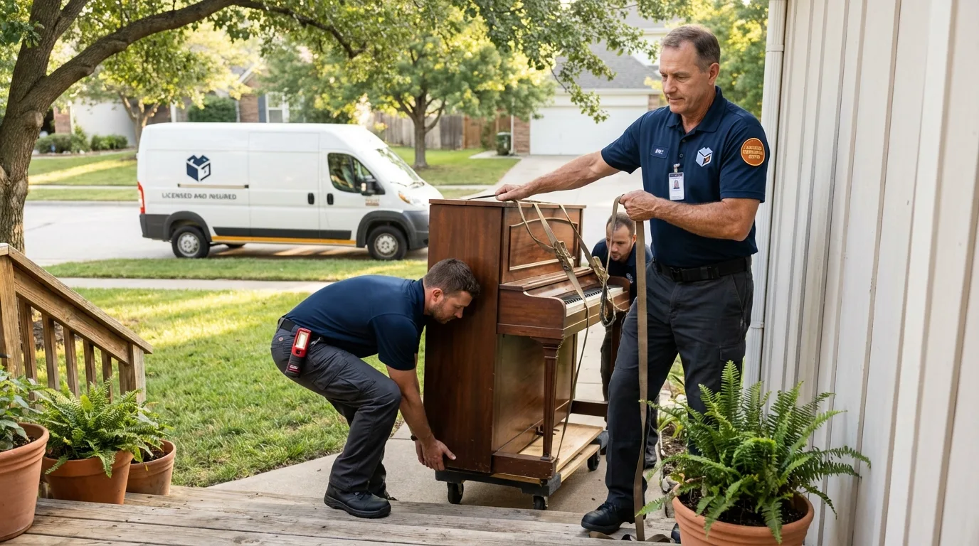 Licensed piano movers securing grand piano in Ridley Park, PA