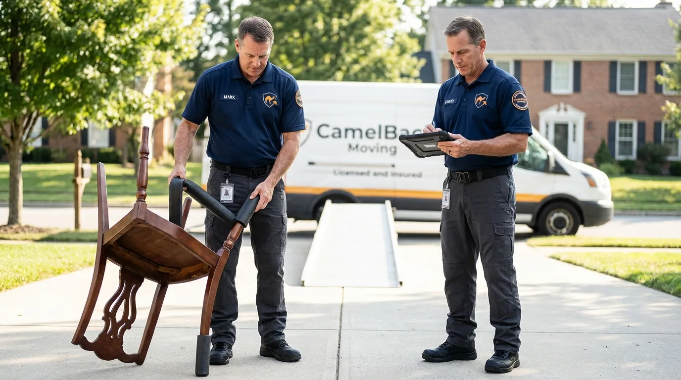 Movers inspecting furniture for damage prevention before loading in Ridley Park, PA