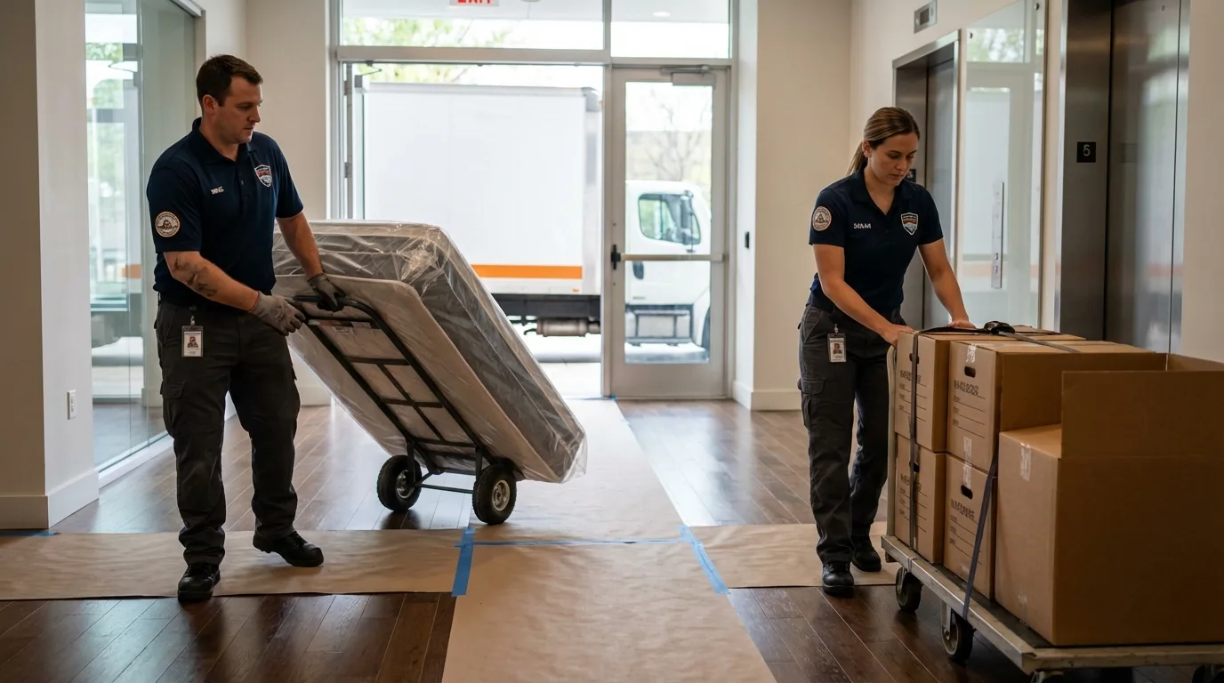 Professional apartment movers loading elevator in Ridley Park, PA